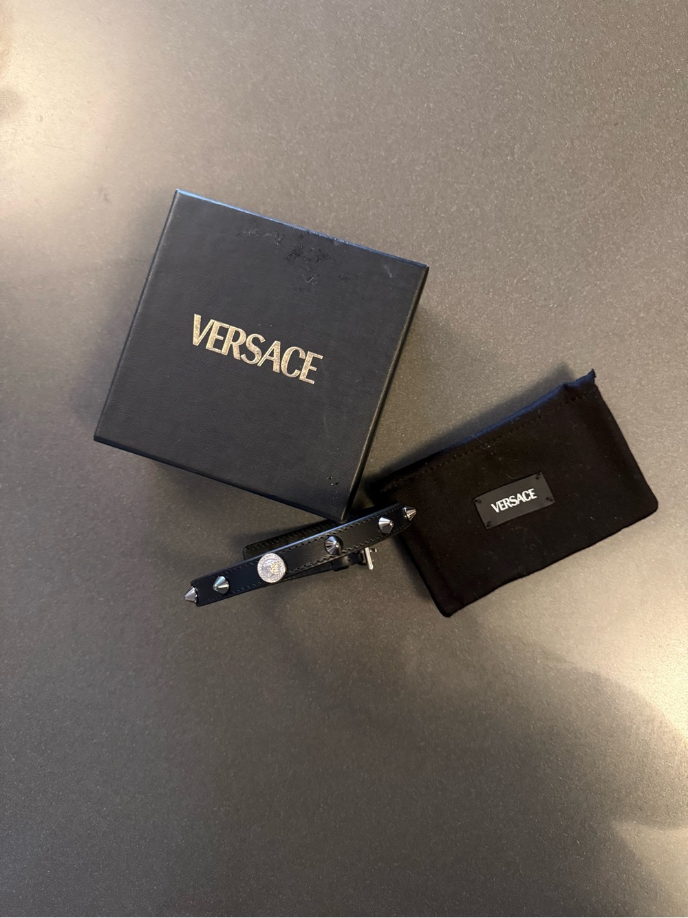Versace Black Leather Stud Bracelet - Black